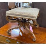 A Victorian carved mahogany X framed stool, length 49cm, depth 43cm, height 43cm