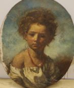 19th century Italian School, oil on canvas, Portrait of a girl wearing a coral bead necklace, 47 x