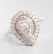 A modern 14ct white gold, baguette and round cut diamond cluster set pear shaped dress ring, size