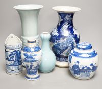 A Chinese blue and white vase, two jars, a beaker vase, a double gourd vase and a pearlware vase,