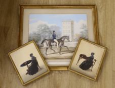 19th century English School, two painted silhouettes, Full length profiles of lady's seated at a