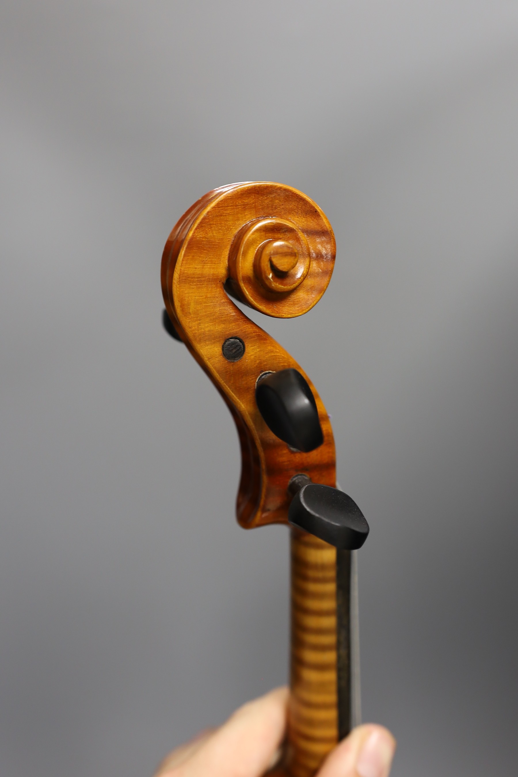 A cased child's violin and bow with ivorine tip, violin 55cms long, - Image 7 of 10