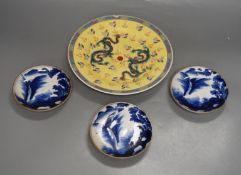 Three Japanese Arita dishes and a Chinese dragon plate, largest 23cm diameter