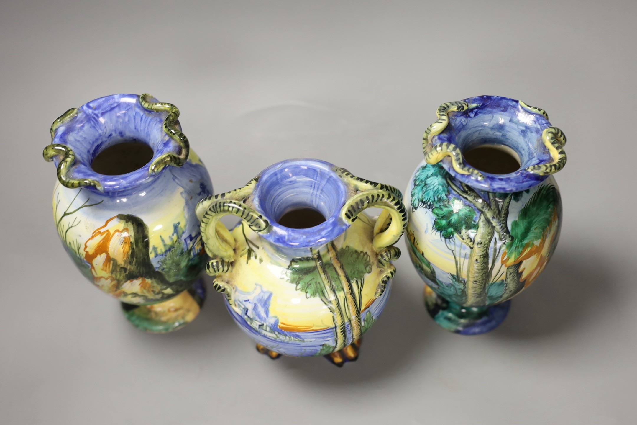 A pair of Italian maiolica vases, by Cantagalli and a similar two handled vase, cockerel marks, - Image 3 of 4