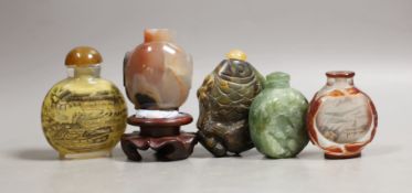 Five Chinese jade, glass and hardstone snuff bottles, the largest 7cm
