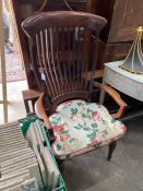 A late Victorian / Edwardian mahogany lathe back armchair with solid seat, width 63cm, depth 48cm,