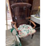 A late Victorian / Edwardian mahogany lathe back armchair with solid seat, width 63cm, depth 48cm,