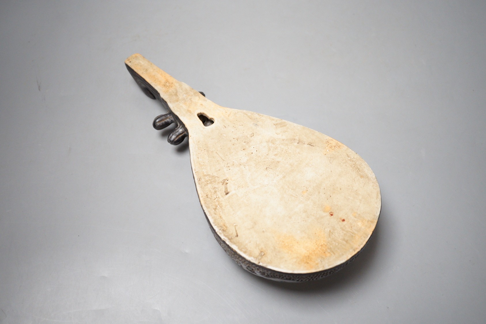 A Chinese wall model of a musical string instrument (Pipa?) with painted porcelain inset, 27cm long - Image 4 of 4