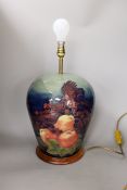 A Moorcroft pottery 'finches and fruit' vase lamp, 33cm to top of pottery