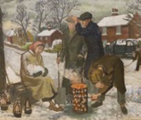 Beatrice Ivy Rosewarne, oil on canvas, Itinerants in the street around a brazier, signed, 51 x 61cm,