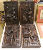 A set of four carved and stained pine figurative panels,39cms high x 23cms wide,