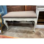 A Victorian style painted and upholstered cabriole leg stool, length 96cm, depth 50cm, height 54cm