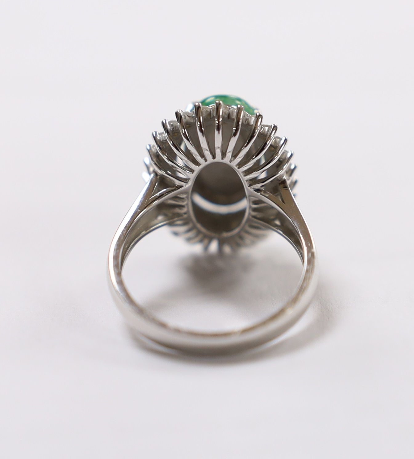 A modern 18k white metal, cabochon jade and two row diamond chip set oval cluster ring size L, gross - Image 4 of 8