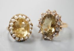 Two Victorian style 9ct gold and gem set rings, including citrine and seed pearl, gross weight 10.