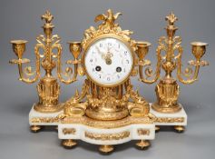A French ormolu and alabaster clock garniture, 27cm
