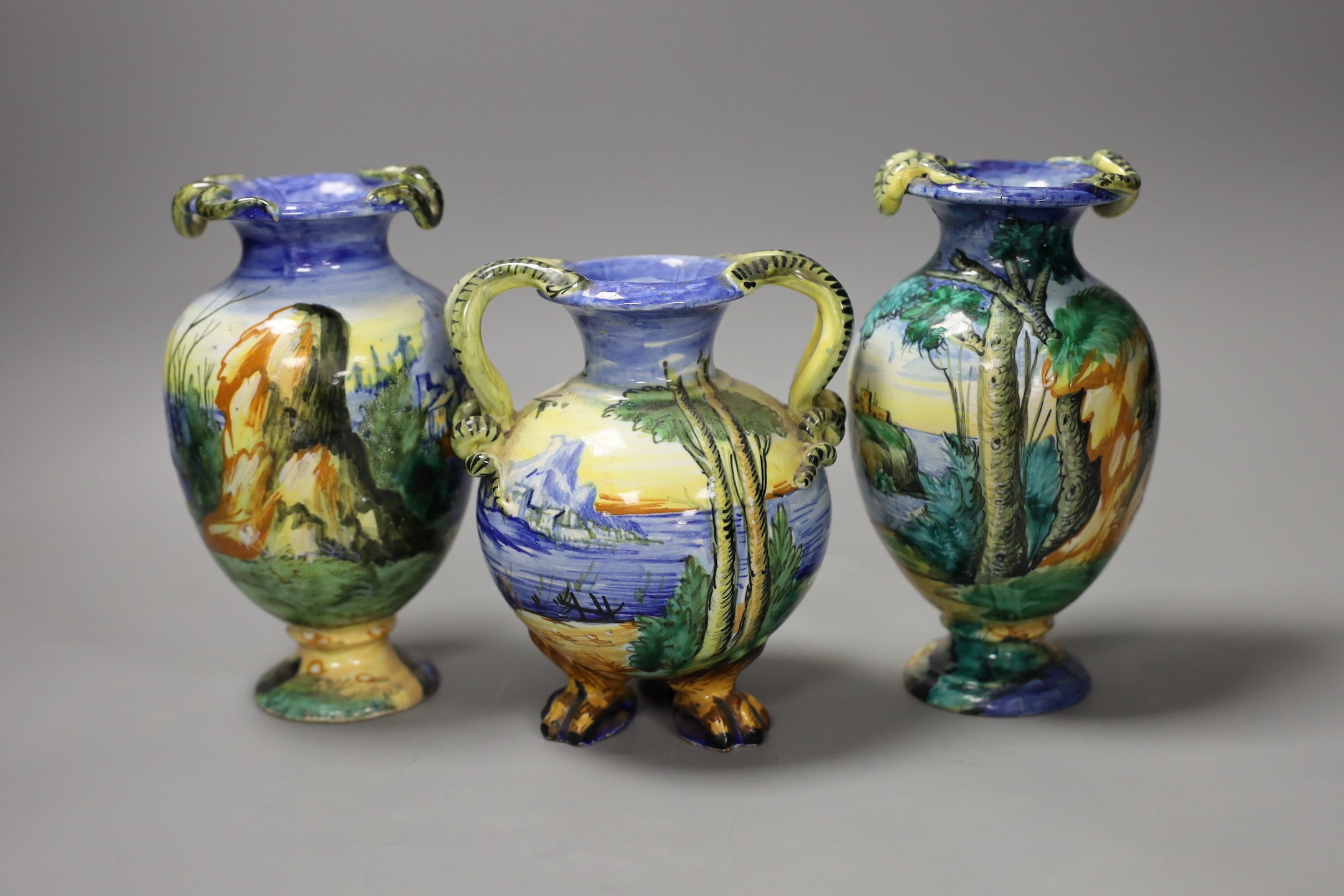 A pair of Italian maiolica vases, by Cantagalli and a similar two handled vase, cockerel marks, - Image 2 of 4