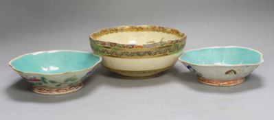 A Japanese Satsuma earthenware bowl, painted with a geisha and two Cantonese famille rose bowls (one
