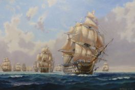 S. Francis Smitheman (1927-2016), oil on canvas, HMS Victory leaving the fleet at Trafalgar,