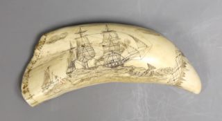 A 19th century scrimshaw sperm whale's tooth, 19.5 cms long, depicting a whaling scene, the