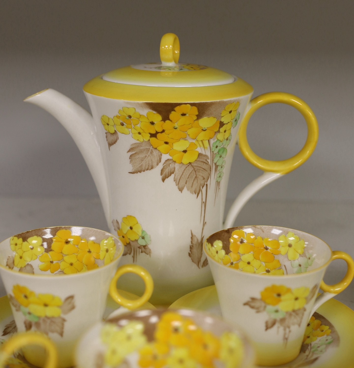 A Shelley “Yellow Phlox”, part tea service, one cup missing and one cup cracked, - Image 4 of 5