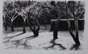 Simon Dorrell (1961-), pen and ink, 'In the orchard', Year 2000 Glyndebourne receipt verso, 7 x