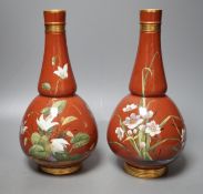 A pair of Mintons Aesthetic period enamelled pottery vases, c.1879, 26cm