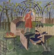 Barbara Jones (1912-1978), watercolour, Preparatory sketch of figures in a garden, 27 x 28cm
