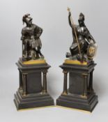 A pair of late 19th century bronze classical revival figures of a Roman god and goddess, black slate