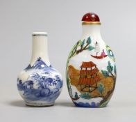 Two Chinese snuff bottles, to include a blue and white c.1900 bottle, and a famille rose bottle with