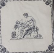 A framed Regency felt monochrome embroidered panel of a seated classical figure with cherub and