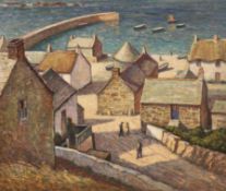 Early 20th century Continental School, oil on canvas, View of a fishing village, 51 x 61cm,