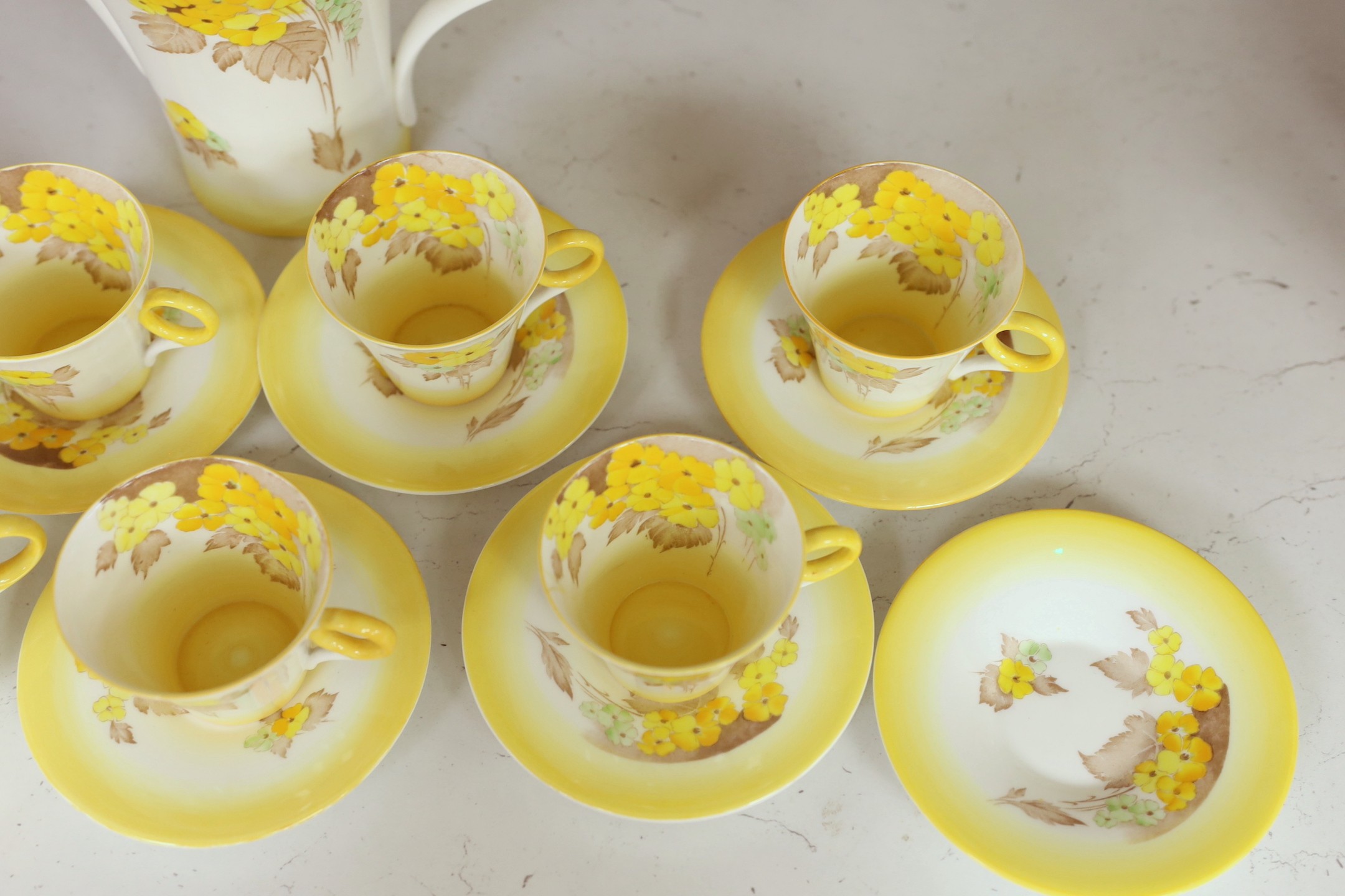 A Shelley “Yellow Phlox”, part tea service, one cup missing and one cup cracked, - Image 3 of 5