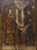 19th century Eastern European School, tempera on wooden panel, Icon depicting The Annunciation,