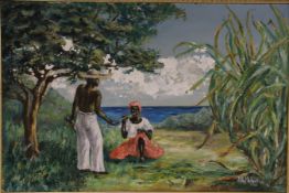 M. Melville, oil on board, Jamaican scene with figures beside the shore, signed and dated 1960, 40 x