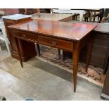 An Edwardian satinwood banded mahogany two drawer side table, width 105cm, depth 52cm, height 71cm