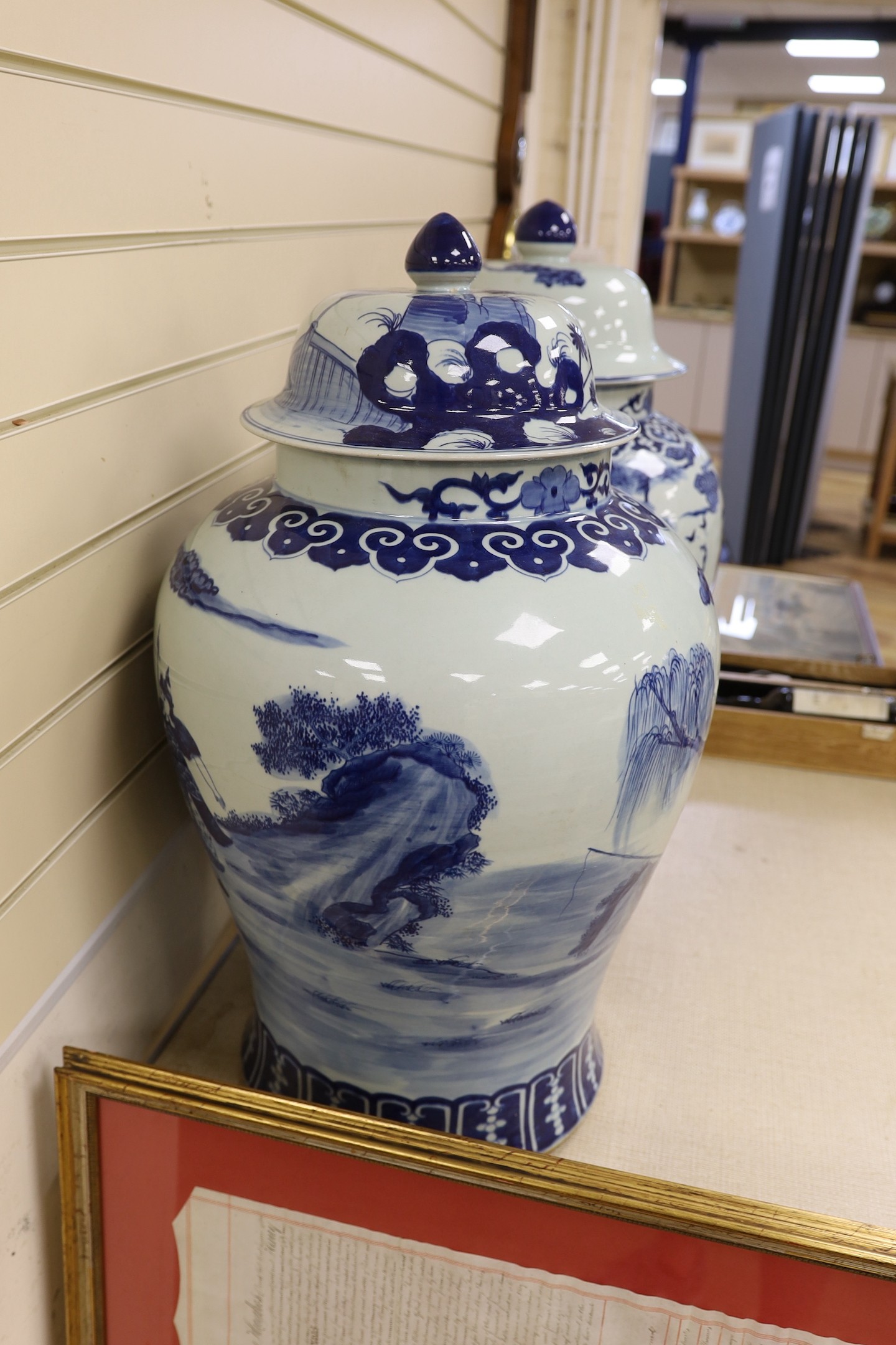 A pair of large Chinese blue and white jars and covers, 75 cms high. - Image 2 of 3