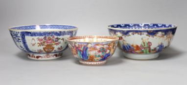 Three 18th century Chinese export famille rose bowls (two a/f)largest bowl 19.5 cms diameter,