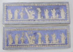 A pair of 19th century blue tinted moulded plaster plaques, imitating Wedgwood jasper ware,45cms