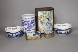 Three Chinese porcelain mounted boxes and three other Chinese pieces