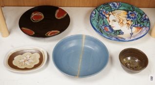 Five Studio pottery dishes, to include a John Harlow frog bowl, Marianne de Trey dish, David