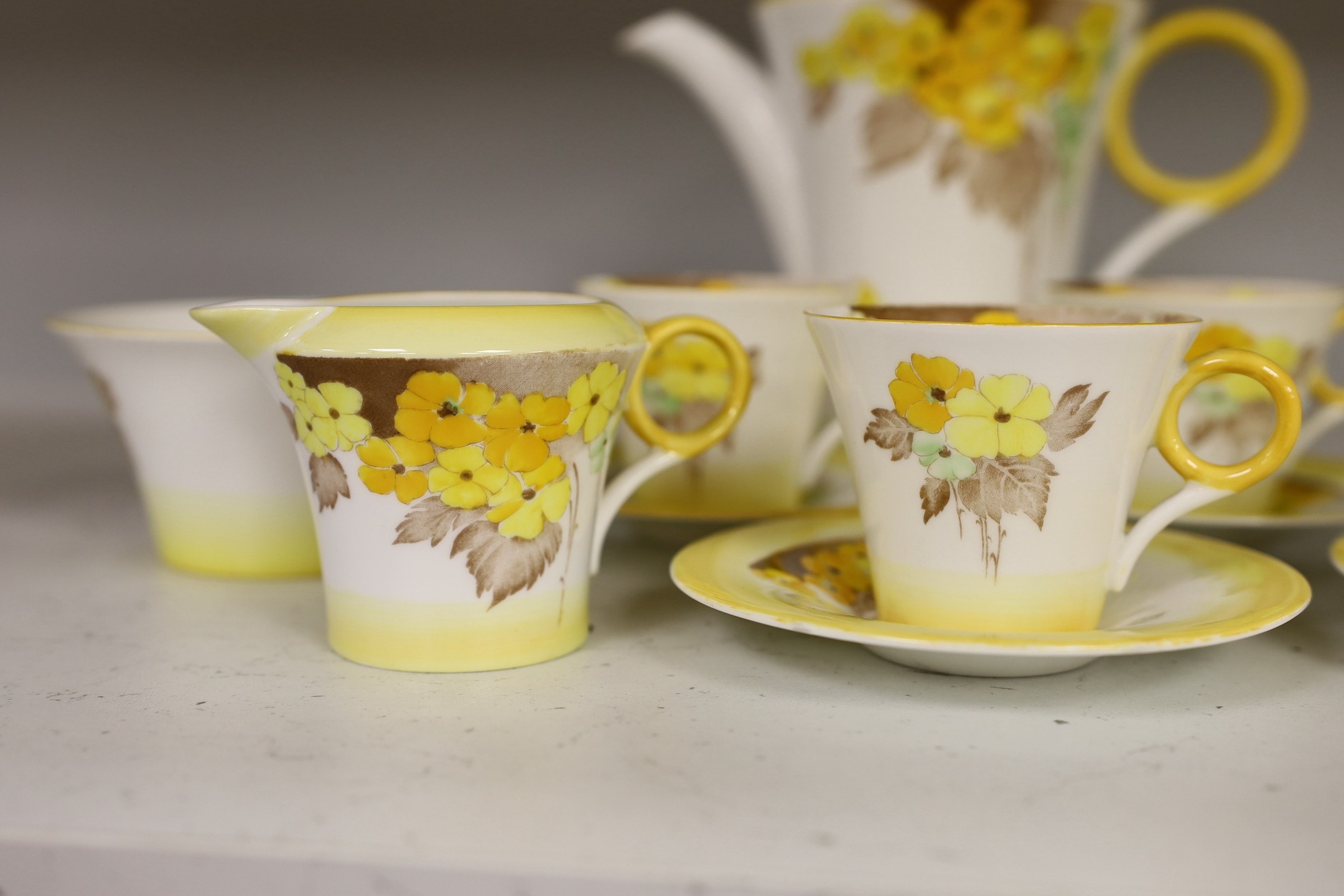 A Shelley “Yellow Phlox”, part tea service, one cup missing and one cup cracked, - Image 2 of 5