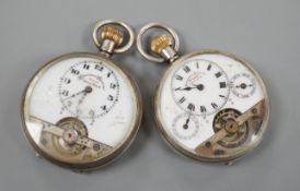Two early 20th century silver Hebdomas open faced 8 day pocket watches, with one Hebdomas box.