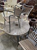 A 1950's slatted wood and wrought iron circular garden table, diameter 180cm, height 62cm,