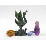 A Nephrite carving of a reading phoenix, 13cm tall, and three other carvings (4)