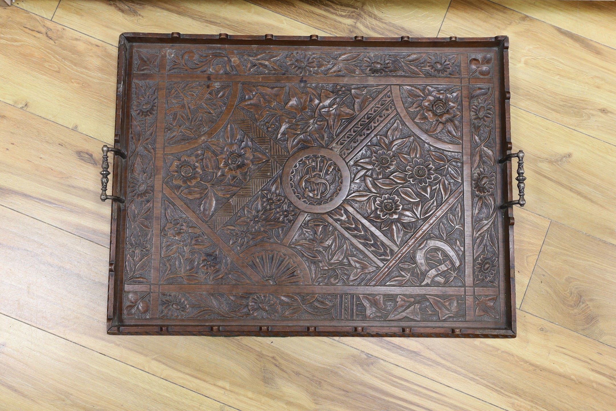 A Victorian carved oak tray, 50 x 66cm - Image 2 of 3