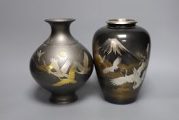 Two Japanese mixed metal vases with flying crane decoration, tallest 22cm