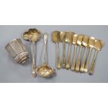 Eight late 18th century/early 19th century French gilt white metal servers, a pair of Swedish ladles