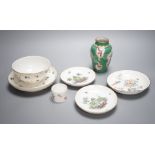 A rare Nyon porcelain slop bowl and saucer, a Meissen saucer and cylindrical pot and a pair of