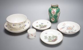 A rare Nyon porcelain slop bowl and saucer, a Meissen saucer and cylindrical pot and a pair of