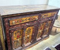 An Indian painted hardwood side cabinet, width 138cm, depth 50cm, height 101cm